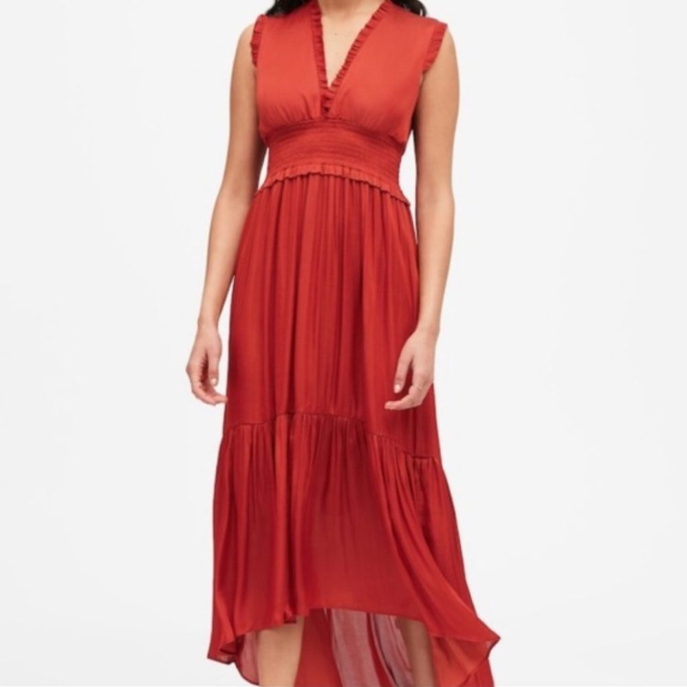 Banana Republic Satin High Low Maxi Dress Red 0